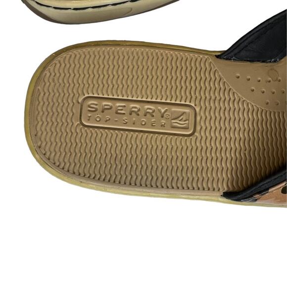 Sperry Top Sider Leather Flip Flop Sandals Tan Black Leopard Print Size 8m Comfy - Picture 13 of 15